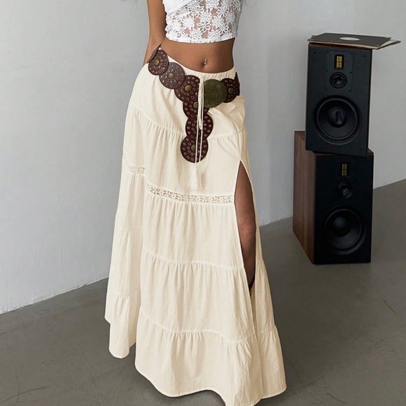 Boho Stretchy Waist lace Insert Split Thigh Maxi Skirt - Picture 2 of 11